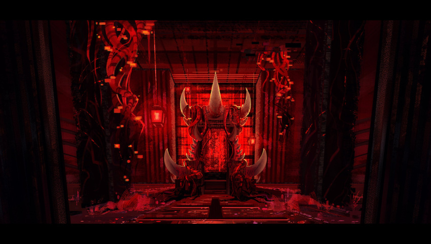 black_border border hanging_lantern highres horns indoors landscape lantern no_humans o_pomb open_door plant portuguese_commentary quackity_smp red_light red_theme spikes throne vines