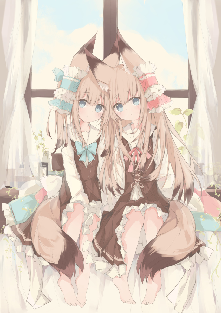 2girls animal_ear_fluff animal_ears barefoot blue_bow blue_eyes blush bow brown_dress brown_hair closed_mouth commentary_request curtains day dress fox_ears fox_girl fox_tail frilled_dress frilled_pillow frills hair_between_eyes highres indoors kushida_you looking_at_viewer multiple_girls original pillow pink_bow sailor_collar shirt sitting sleeveless sleeveless_dress smile tail white_sailor_collar white_shirt window