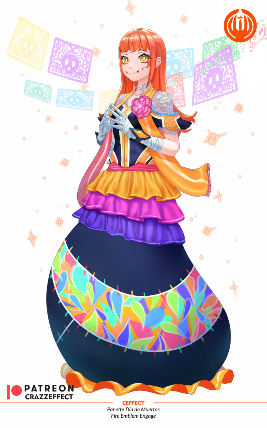 1girl alternate_costume artist_name bandages blue_eyeshadow copyright_name crazzeffect dia_de_muertos dress english_text eyeshadow facial_mark fire_emblem fire_emblem_engage flower frilled_dress frills highres long_dress long_hair makeup multicolored_clothes multicolored_dress orange_dress orange_hair own_hands_together panette_(fire_emblem) patreon_username pink_flower skull smile solo sparkle tattoo white_background yellow_eyes