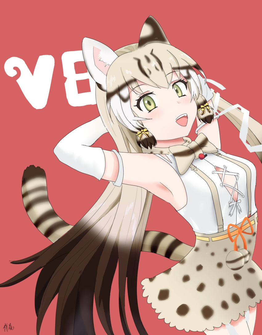 1girl animal_ears bow bowtie cat_ears cat_girl cat_tail elbow_gloves extra_ears geoffroy's_cat_(kemono_friends) gloves green_eyes grey_hair highres kemono_friends kemono_friends_v_project long_hair looking_at_viewer microphone red_background ribbon shinryuu_(iwata12181126) shirt simple_background skirt solo tail twintails virtual_youtuber