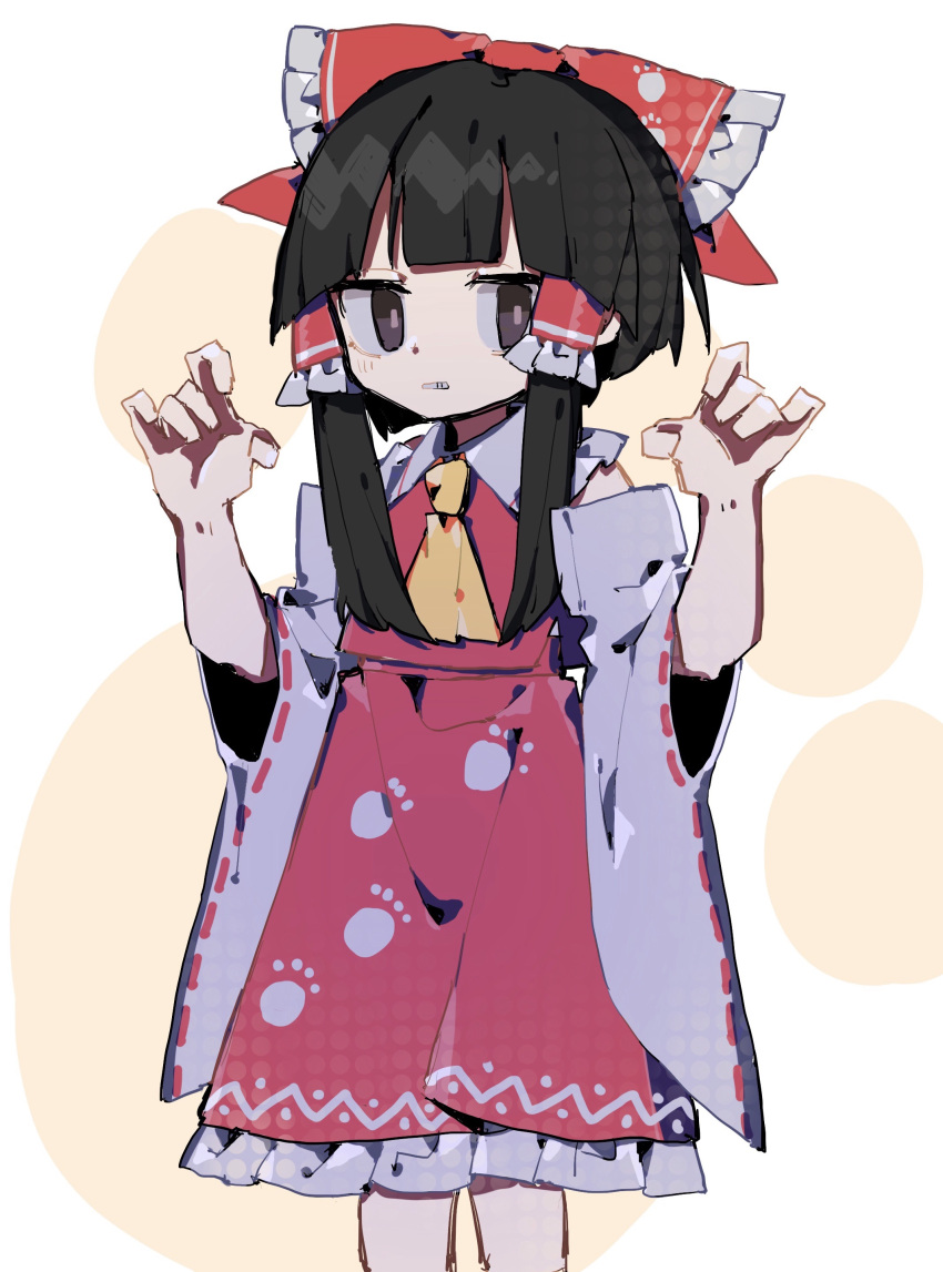 1girl absurdres ascot black_hair bow brown_eyes collared_shirt detached_sleeves feet_out_of_frame frilled_bow frilled_hair_tubes frilled_shirt_collar frilled_skirt frills hair_bow hair_tubes hakurei_reimu highres large_bow long_hair looking_at_viewer paw_pose paw_print paw_print_pattern print_bow print_skirt red_bow red_ribbon red_shirt red_skirt ribbon ribbon-trimmed_sleeves ribbon_trim shirt simple_background skirt sleeveless sleeveless_shirt so_happy_64 solo touhou white_background wide_sleeves yellow_ascot