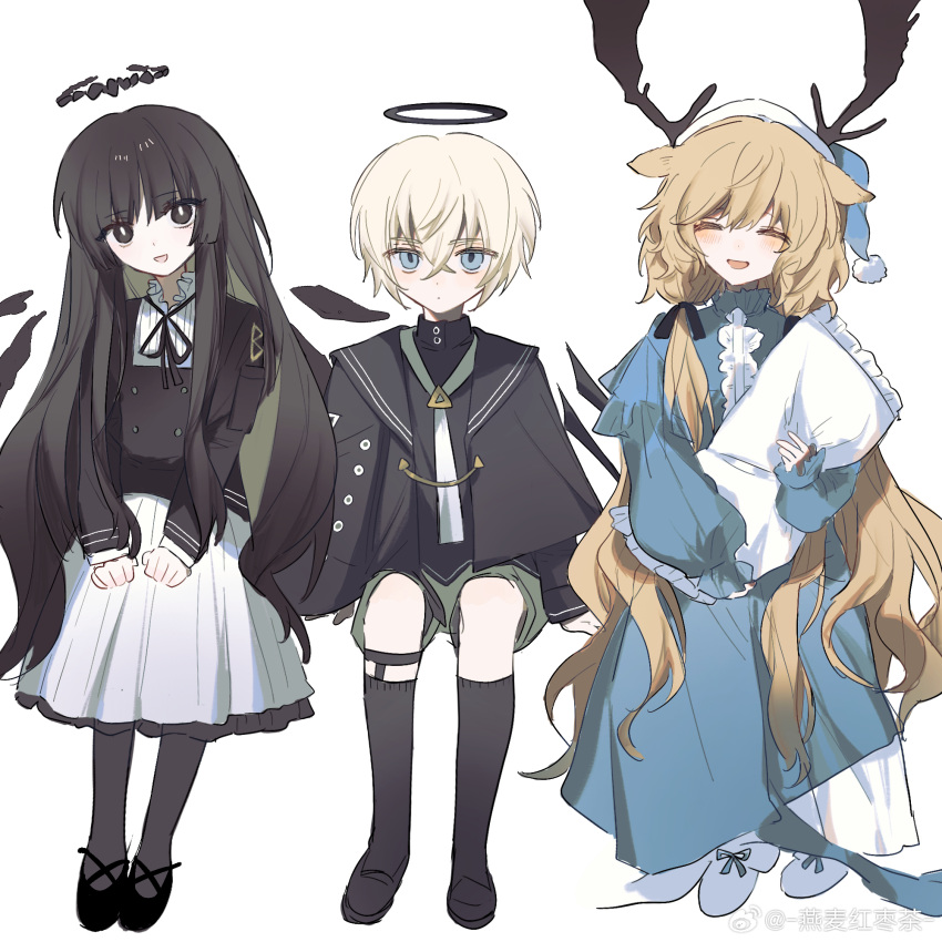 1boy 2girls :d aged_down ahoge animal_ears antlers arknights arm_rest arm_support artist_name black_capelet black_dress black_eyes black_footwear black_hair black_halo black_ribbon black_shirt black_socks black_thighhighs black_wings blonde_hair blouse blue_eyes blue_footwear blue_headwear blue_nightgown blunt_bangs blush bright_pupils broken_halo buttons capelet chinese_commentary chinese_text closed_eyes closed_mouth collared_capelet collared_shirt colored_inner_hair commentary_request cousins dark_halo deer_antlers deer_ears deer_girl detached_wings dot_nose dress energy_wings executor_(arknights) expressionless facing_viewer frilled_dress frilled_shirt_collar frills full_body green_hair green_necktie green_shorts hair_between_eyes hair_ribbon halo hand_up hat head_tilt high_collar highres hime_cut holding holding_pillow invisible_chair kneehighs layered_sleeves light_blush long_hair long_sleeves looking_at_viewer mole mole_under_eye multicolored_clothes multicolored_dress multicolored_hair multiple_girls neck_ribbon necktie nightcap nightgown open_mouth pale_skin pantyhose pillow pleated_dress pocket ribbon shirt shoes short_hair shorts sidelocks simple_background sitting sleeve_cuffs smile socks square_neckline thigh-highs twintails two-tone_dress two-tone_hair very_long_hair virtuosa_(arknights) viviana_(arknights) watermark weibo_7737164789 weibo_logo weibo_username white_background white_dress white_pupils wings