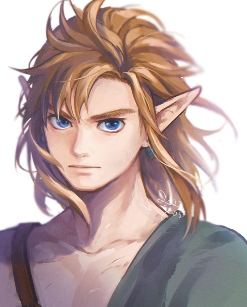 1boy blonde_hair blue_eyes closed_mouth cropped_torso dated hair_tie highres link looking_at_viewer male_focus pointy_ears solo the_legend_of_zelda the_legend_of_zelda:_breath_of_the_wild user_gryp2784 white_background