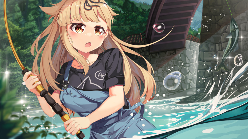 1girl black_shirt blonde_hair blush bridge commentary_request cosplay fishing_rod forest holding holding_fishing_rod kantai_collection long_hair nature open_mouth outdoors overalls seiun_sky_(umamusume) seiun_sky_(umamusume)_(cosplay) shirt solo tree umamusume very_long_hair wading water yasume_yukito yuudachi_(kancolle)