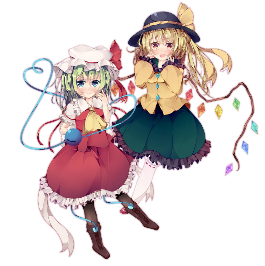 2girls artistic_error ascot back_bow black_headwear black_pantyhose blonde_hair blouse blush boots bow breasts brown_footwear closed_mouth cosplay costume_switch crystal fant flandre_scarlet flandre_scarlet_(cosplay) frilled_shirt_collar frilled_skirt frilled_sleeves frills full_body green_eyes green_skirt hat hat_bow hat_ribbon heart heart_of_string highres komeiji_koishi komeiji_koishi_(cosplay) large_bow light_smile long_sleeves looking_at_viewer mary_janes mob_cap multicolored_wings multiple_girls open_mouth orange_eyes pantyhose puffy_short_sleeves puffy_sleeves red_footwear red_ribbon red_skirt red_vest ribbon shirt shoes short_sleeves simple_background skirt skirt_set small_breasts third_eye touhou vest white_background white_bow white_headwear white_shirt wings yellow_ascot yellow_bow yellow_ribbon yellow_shirt
