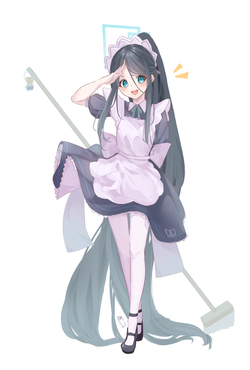 1girl absurdly_long_hair absurdres apron aris_(blue_archive) aris_(maid)_(blue_archive) black_dress black_hair blue_archive blue_eyes blush bright_pupils broom dated dress frilled_apron frills full_body green_halo halo highres long_hair looking_at_viewer maid maid_apron maid_headdress official_alternate_costume open_mouth short_sleeves signature smile solo tachibana_shiori_(suica_112) very_long_hair white_apron white_pupils