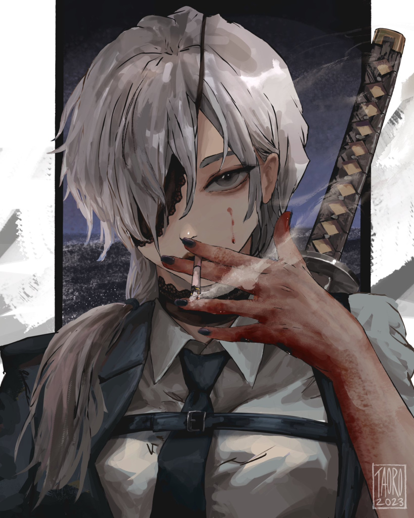 1girl black_nails blood blood_on_face blood_on_hands chainsaw_man chest_harness cigarette collared_shirt eyepatch formal grey_eyes grey_hair hair_over_one_eye hair_over_shoulder harness highres holding holding_cigarette katana lace lace_trim long_hair looking_at_viewer low_ponytail quanxi_(chainsaw_man) shirt smoke smoking solo suit sword taorotana weapon white_shirt