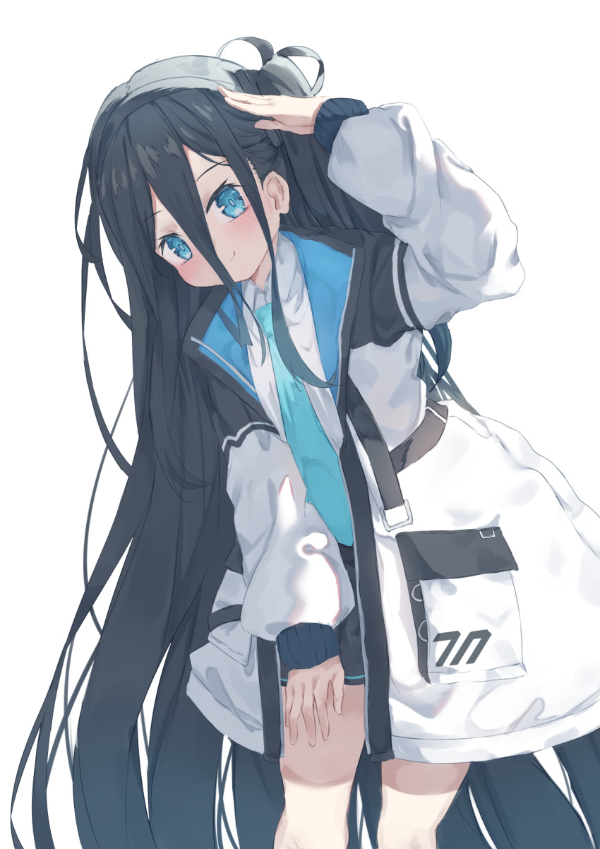 1girl absurdly_long_hair aris_(blue_archive) black_headband blue_archive blue_eyes blue_hair blue_necktie blue_skirt commentary_request elxion halo headband highres jacket long_hair looking_at_viewer necktie school_uniform side_ponytail skirt smile solo very_long_hair white_background white_jacket