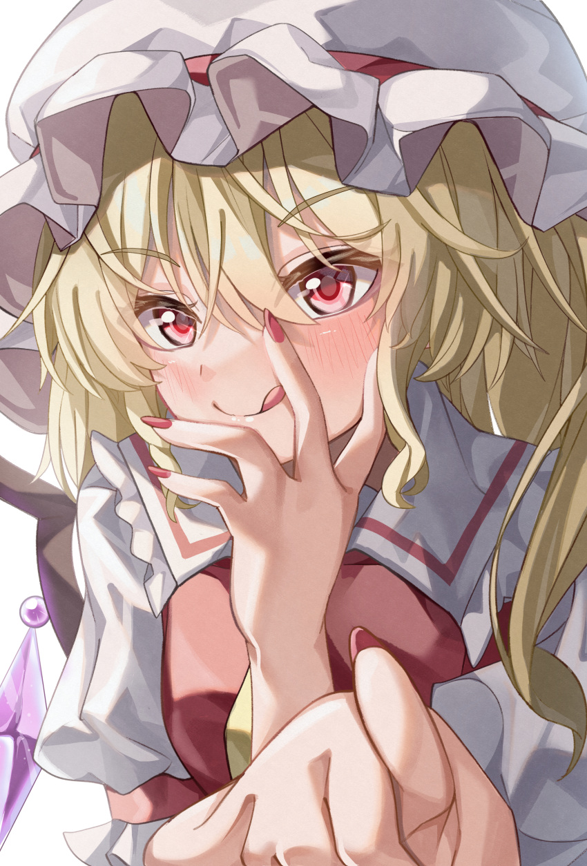 1girl absurdres ascot blonde_hair blush crystal_wings fingernails flandre_scarlet frilled_sailor_collar frills hair_between_eyes hat highres looking_at_viewer maboroshi_mochi mob_cap nail_polish pointing pointing_at_viewer red_eyes red_vest sailor_collar smile solo tongue tongue_out touhou upper_body vest yellow_ascot