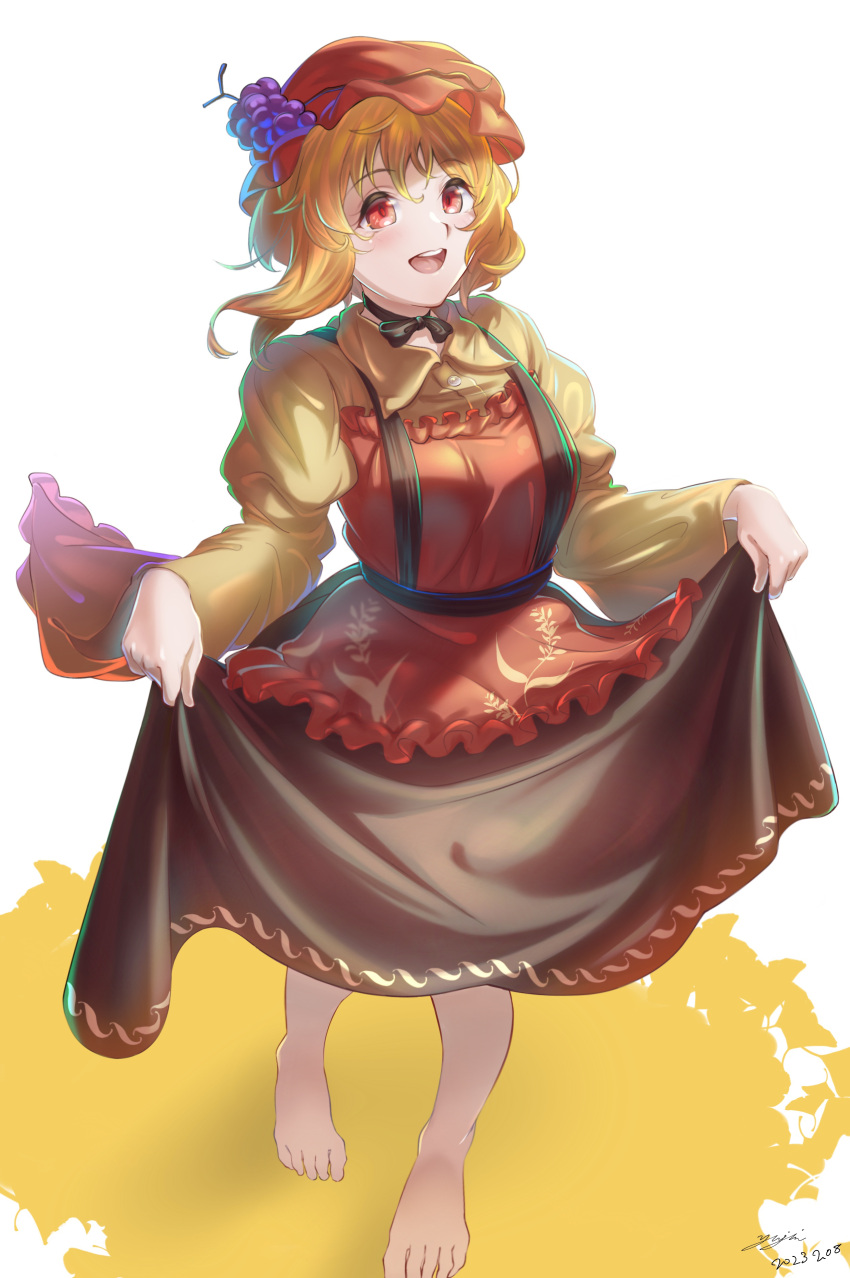 1girl absurdres aki_minoriko apron barefoot black_choker blonde_hair brown_skirt choker clothes_lift grape_hat_ornament hat highres lifted_by_self long_sleeves mob_cap open_mouth red_apron red_eyes shirt simple_background skirt skirt_lift standing touhou wheat_print yellow_shirt yujin_(kanouyuuto-0423)