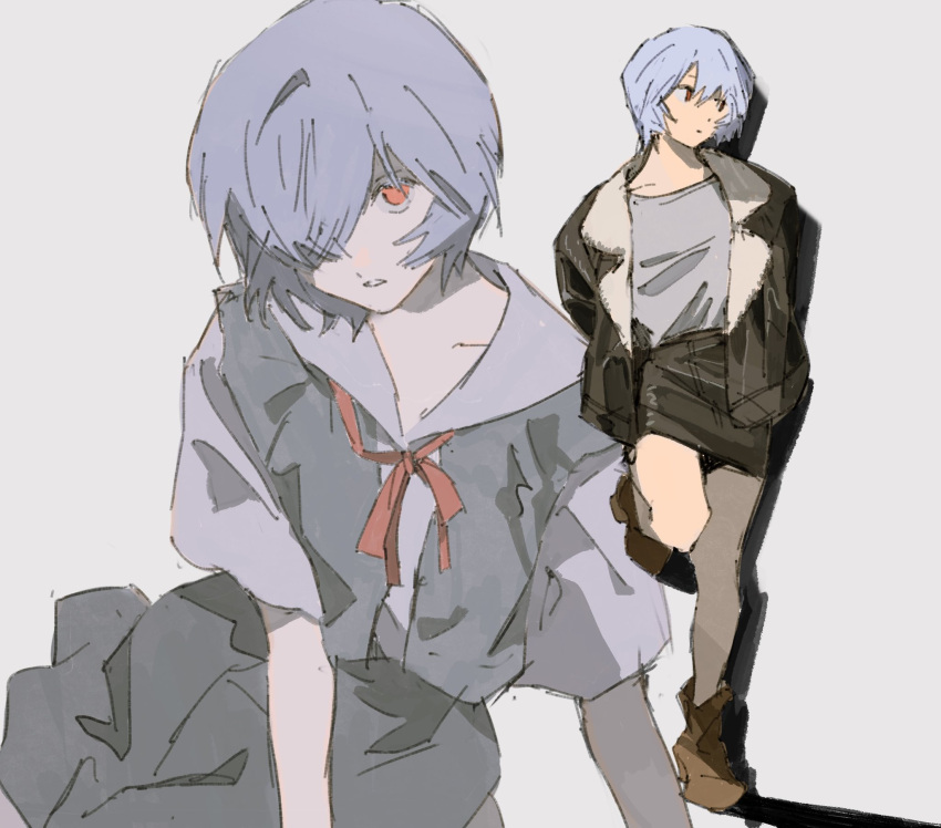 1girl ayanami_rei black_jacket black_skirt blue_hair blue_skirt breasts brown_footwear closed_mouth commentary english_commentary expressionless grey_background grey_shirt highres jacket kgeroua multiple_views neck_ribbon neon_genesis_evangelion open_clothes open_jacket parted_lips pencil_skirt red_eyes red_ribbon ribbon school_uniform serafuku shadow shirt short_hair short_sleeves simple_background skirt suspender_skirt suspenders tokyo-3_middle_school_uniform white_shirt