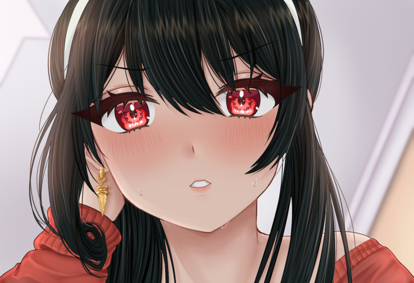 1girl black_hair blush close-up earrings hair_ornament hairband hand_up highres jewelry lips long_hair looking_at_viewer pinku_life red_eyes red_shirt shirt sidelocks smile solo spy_x_family sweat teeth upper_body yor_briar