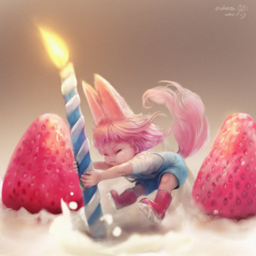 1girl animal_ears blue_overalls boots candle closed_eyes food fruit highres holding holding_candle nekoita original overall_shorts overalls pink_hair red_footwear short_hair solo strawberry tail