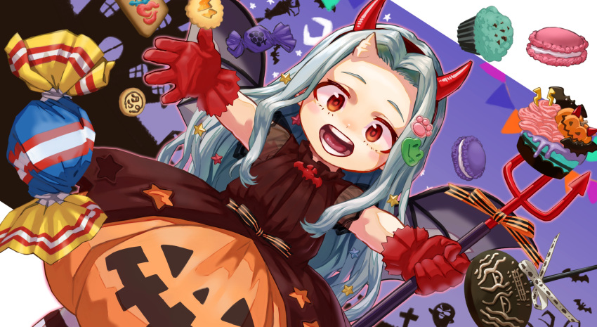 1girl all_might black_dress black_hairband boku_no_hero_academia candy cupcake demon_horns dessert dress eraser_head_(boku_no_hero_academia) eri_(boku_no_hero_academia) fake_horns food foodification gloves grey_hair hair_ornament hairband halloween highres holding holding_pitchfork horns jack-o'-lantern_print long_hair looking_at_viewer macaron open_mouth orange_dress outstretched_arms pastry pitchfork red_eyes red_gloves single_horn solo star_(symbol) star_hair_ornament two-tone_dress yomoyama_yotabanashi