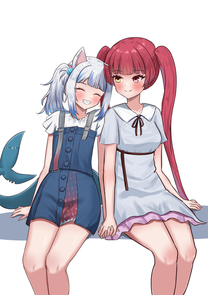 2girls absurdres animal_ears blue_hair blue_skirt blunt_bangs blush cat_ears closed_eyes closed_mouth cube_hair_ornament dress fins fish_tail frilled_sleeves frills gawr_gura gawr_gura_(2nd_costume) grey_hair hair_ornament heterochromia highres holding_hands hololive hololive_english houshou_marine long_hair medium_hair multicolored_hair multiple_girls red_eyes redhead shark_girl shark_tail sharkudon shirt short_sleeves side_ponytail sidelocks skirt skirt_set smile streaked_hair tail twintails virtual_youtuber white_background white_dress white_shirt yellow_eyes
