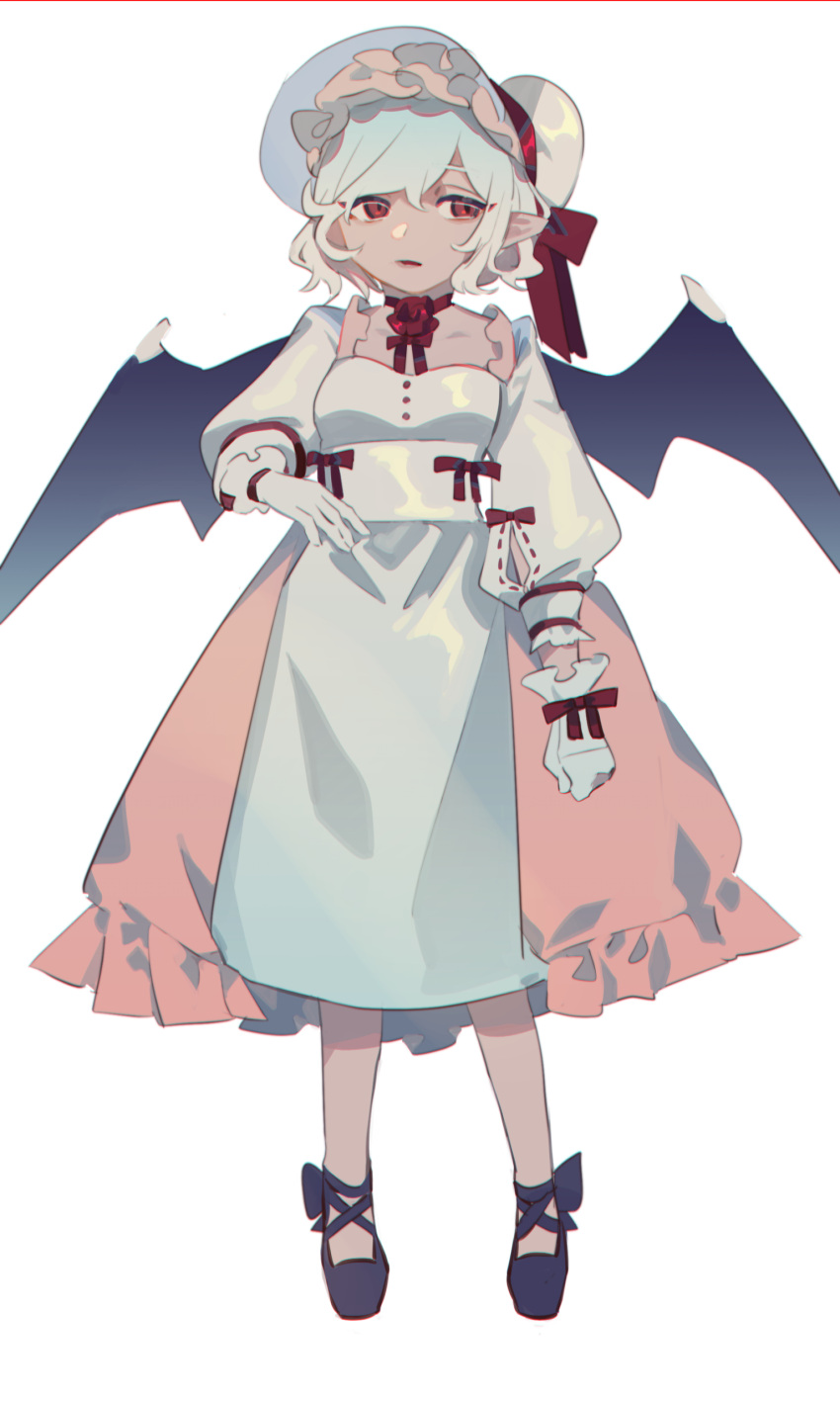 1girl absurdres bad_id bad_pixiv_id bat_wings black_footwear blue_hair bow dress frilled_dress frills full_body hat hat_ribbon highres light_blue_hair long_sleeves pink_skirt pointy_ears puffy_long_sleeves puffy_sleeves red_bow red_eyes red_ribbon remilia_scarlet ribbon shi_chimi short_hair simple_background skirt solo touhou white_background white_headwear white_sleeves wings