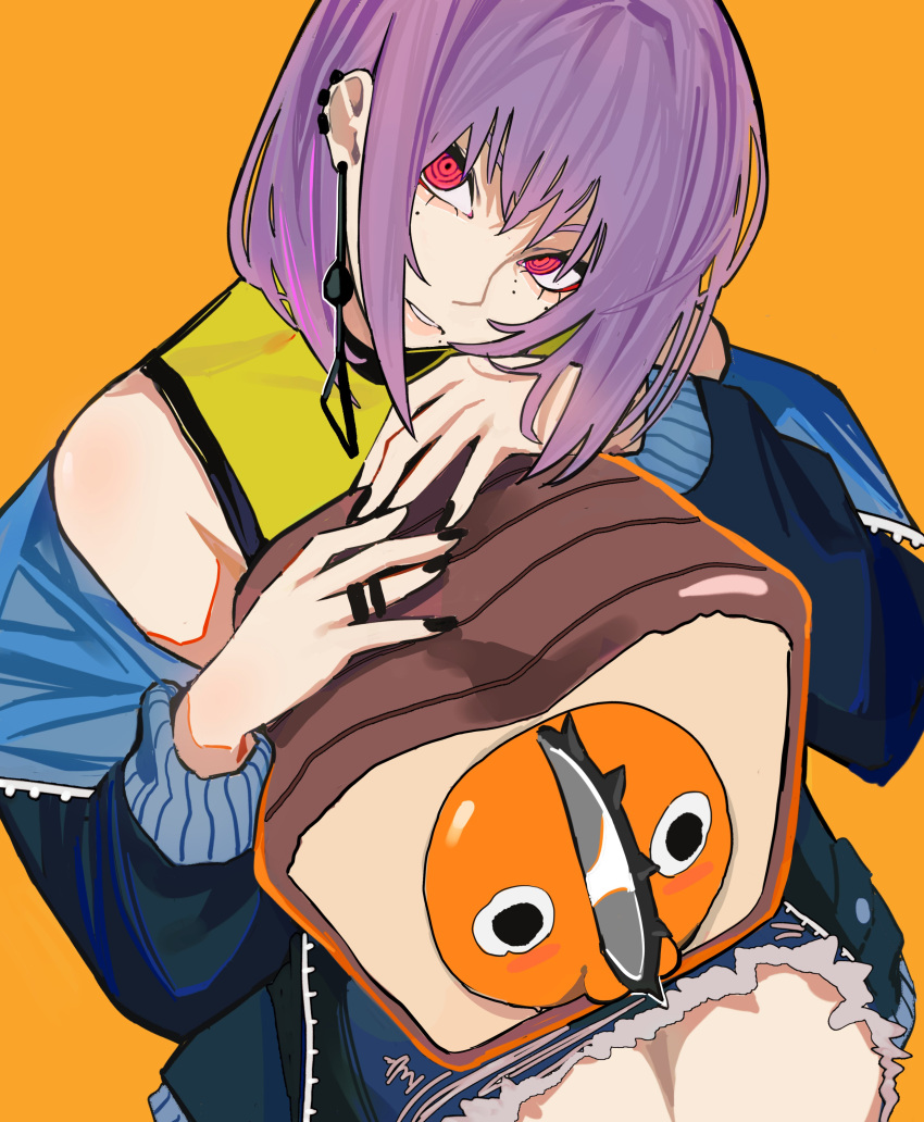 1girl absurdres bread chainsaw chainsaw_man choker earrings fami_(chainsaw_man) food highres jacket jewelry loaf_of_bread looking_at_viewer multiple_moles orange_dog pochita_(chainsaw_man) red_eyes ringed_eyes sailen0 shirt shorts sitting violet_eyes yellow_background yellow_shirt
