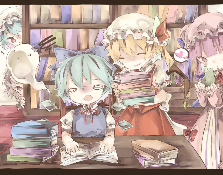 5girls animal animal_on_hand aqua_hair back_bow blonde_hair blue_bow blue_dress blue_hair book book_stack bookshelf bow braid chigu cirno closed_mouth collared_shirt detached_wings dress exhausted facing_another flandre_scarlet frilled_shirt_collar frilled_sleeves frills frog grey_hair hair_bow hat hat_ribbon heart highres holding holding_animal indoors izayoi_sakuya large_bow looking_at_another maid_headdress mob_cap multicolored_wings multiple_girls neck_ribbon open_book patchouli_knowledge pinafore_dress pink_dress pink_headwear puffy_short_sleeves puffy_sleeves purple_hair red_carpet red_eyes red_ribbon red_skirt red_vest remilia_scarlet ribbon ribbon-trimmed_headwear ribbon_trim shirt short_sleeves skirt skirt_set sleeve_ribbon sleeveless sleeveless_dress spoken_heart striped striped_dress table touhou vertical-striped_dress vertical_stripes vest violet_eyes white_bow white_headwear white_shirt wings wooden_chair wooden_table