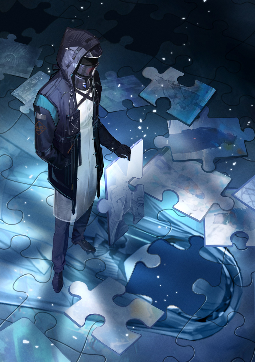 1other 9chung ambiguous_gender arknights black_footwear black_gloves blue_jacket blue_pants coat commentary doctor_(arknights) full_body gloves hand_in_pocket highres holding_hands holding_puzzle_piece hood hood_up hooded_jacket jacket jigsaw_puzzle kal'tsit_(arknights) mask open_clothes open_jacket pants priestess_(arknights) puzzle shoes silhouette solo theresa_(arknights) white_coat