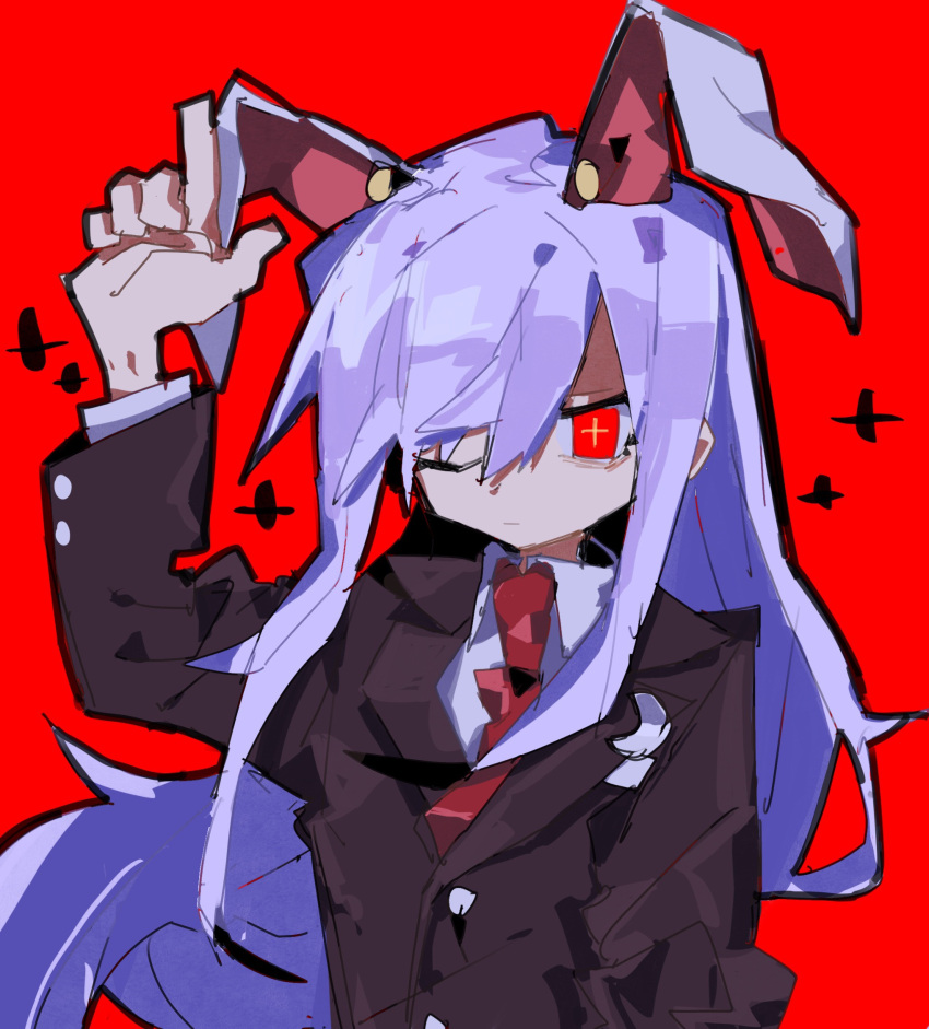 1girl animal_ears arm_up black_jacket closed_mouth collared_shirt finger_gun highres index_finger_raised jacket long_hair long_sleeves looking_at_viewer necktie one_eye_closed purple_hair rabbit_ears red_background red_eyes red_necktie reisen_udongein_inaba shirt simple_background so_happy_64 solo touhou upper_body very_long_hair white_shirt