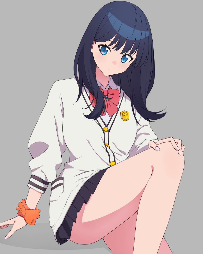 07nono06 1girl absurdres black_hair black_skirt blue_eyes bow bowtie breasts gridman_universe highres long_hair long_sleeves looking_at_viewer pleated_skirt school_uniform scrunchie shirt simple_background skirt solo ssss.gridman takarada_rikka thighs white_shirt wrist_scrunchie