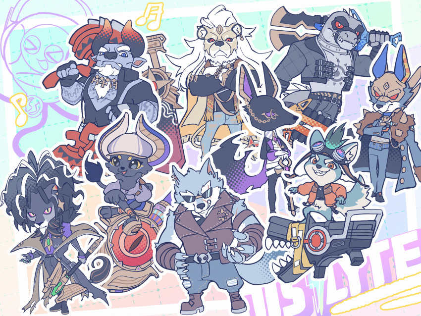 absurdres alolin_(pazuzu)_(dislyte) animal_ears axe bare_pectorals boomboom brewster_(garmr)_(dislyte) cane cat_boy cat_tail chibi claws commentary_request cow_boy cow_ears cow_horns crocodile_boy crocodilian_tail daylon_(sobek)_(dislyte) dislyte djoser_(atum)_(dislyte) drew_(anubis)_(dislyte) fingerless_gloves freddy_(fenrir)_(dislyte) furry furry_male gloves goggles goggles_on_head hand_on_own_chin highres holding holding_axe holding_cane holding_mace holding_sword holding_weapon horns jackal_boy jackal_ears javid_(shamash)_(dislyte) lion_boy lion_ears lion_tail looking_at_viewer mask monocle multiple_boys pectorals raised_eyebrow reptile_boy rocket_launcher sander_(set)_(dislyte) strap sunglasses sword tail tenshuu93 tevor_(sphinx)_(dislyte) weapon wolf_boy wolf_ears wolf_tail