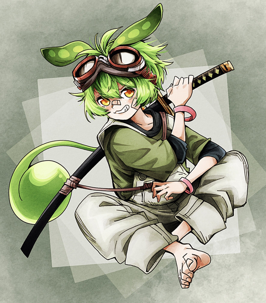 1girl alternate_costume bandaid bandaid_on_face bandaid_on_nose barefoot black_shirt blush bracelet commentary_request full_body gauze_on_cheek goggles goggles_on_head green_hair green_shirt grey_background grey_overalls grin highres holding holding_sword holding_weapon indian_style jewelry katana layered_shirt looking_at_viewer low_ponytail messy_hair natsu_tuna overalls sheath sheathed shirt shoulder_strap sitting sleeves_past_elbows smile solo sword sword_on_back v-shaped_eyebrows voicevox weapon weapon_on_back yellow_eyes zundamon