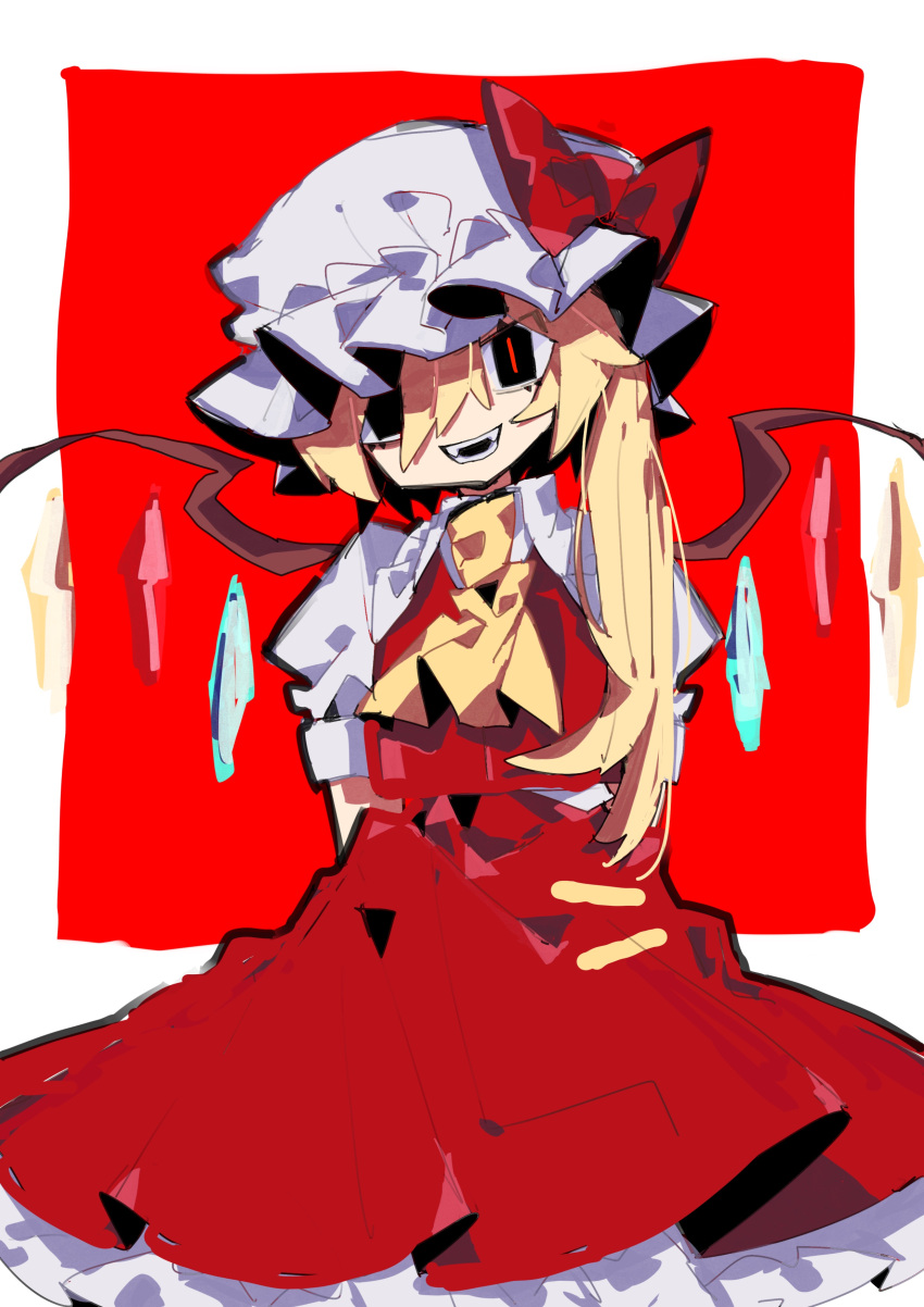 1girl absurdres arms_behind_back ascot black_eyes blonde_hair border bow collared_shirt cowboy_shot flandre_scarlet frilled_skirt frills hair_between_eyes hat hat_bow head_tilt highres long_hair looking_at_viewer mob_cap multicolored_wings one_side_up open_mouth puffy_short_sleeves puffy_sleeves red_background red_bow red_skirt red_vest shirt short_sleeves skirt so_happy_64 solo teeth touhou vest white_border white_headwear white_shirt wings yellow_ascot