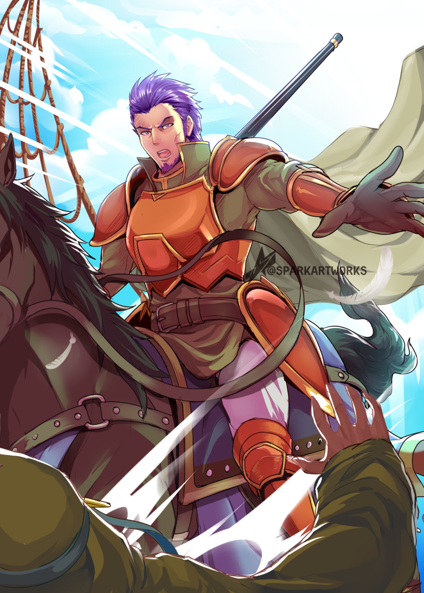 1boy armor armored_boots boots breastplate clouds cloudy_sky facial_hair fire_emblem fire_emblem:_the_blazing_blade gloves highres holding holding_polearm holding_weapon horse horseback_riding looking_at_viewer marcus_(fire_emblem) open_mouth orange_armor outstretched_arm pauldrons polearm purple_hair riding shoulder_armor sky solo_focus sparkartworks weapon