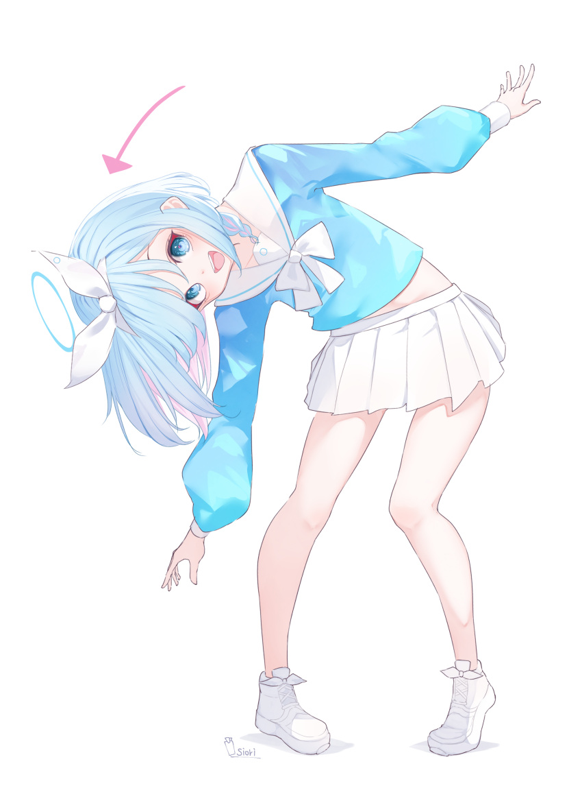 1girl absurdres aqua_shirt arona_(blue_archive) blue_archive blue_eyes blue_hair bow bowtie hair_bow happy highres leaning_to_the_side light_blue_hair looking_at_viewer open_mouth shirt skirt smile solo tachibana_shiori_(suica_112) white_footwear white_skirt