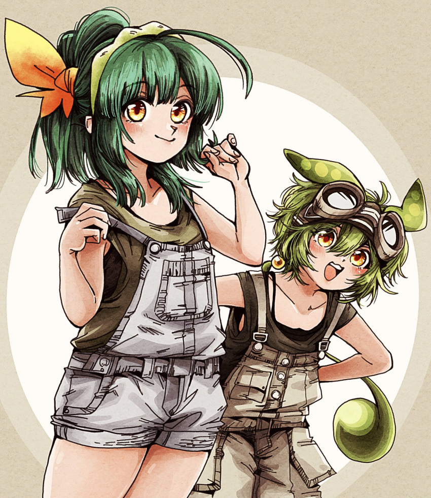 2girls :3 ahoge alternate_costume blush brown_background brown_overalls brown_shirt collarbone cowboy_shot goggles goggles_on_head green_hair green_hairband grey_overalls hair_over_shoulder hairband hands_on_own_hips hands_up highres leaning_forward looking_at_viewer low_ponytail multicolored_background multiple_girls natsu_tuna open_mouth overall_shorts overalls playing_with_own_hair ponytail shirt sleeveless sleeveless_shirt smile spaghetti_strap strap_slip touhoku_zunko voiceroid voicevox white_background yellow_eyes zundamon