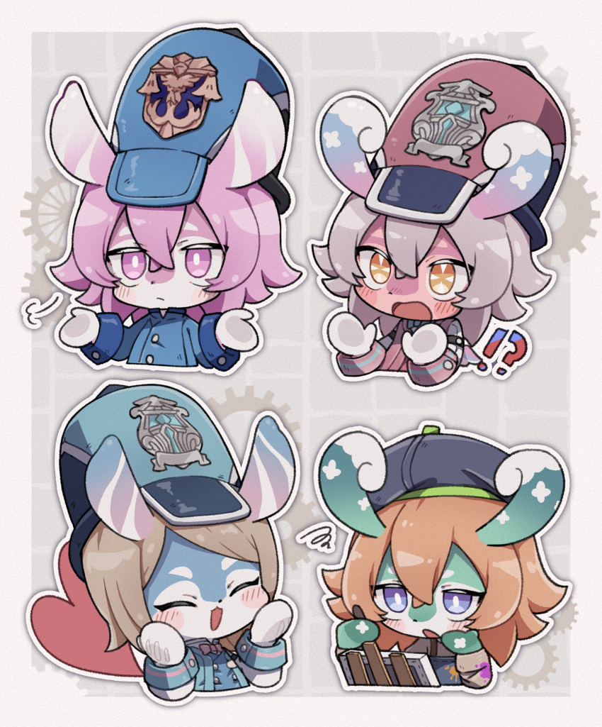 !? 4girls :d =3 ^_^ aeval_(genshin_impact) animal_ears apron aqua_bow aqua_bowtie aqua_headwear aqua_jacket beret black_headwear blathine_(genshin_impact) blue_apron blue_headwear blue_jacket blush blush_stickers border bow bowtie bright_pupils brown_hair buttons canvas_(object) chibi closed_eyes closed_mouth commentary_request crossed_bangs double-breasted easel elphane_(genshin_impact) expressionless gears genshin_impact grey_background grey_hair hair_between_eyes hands_on_own_cheeks hands_on_own_face hands_up hat heart highres jacket long_sleeves mamere_(genshin_impact) medium_hair melusine_(genshin_impact) mitsui_mikan multiple_girls open_mouth outline outside_border paint_on_clothes paint_splatter parted_bangs peaked_cap pink_bow pink_bowtie pink_eyes pink_hair pink_jacket red_headwear short_hair shrugging simple_background sleeve_cuffs smile squiggle surprised swept_bangs upper_body violet_eyes white_border white_outline white_pupils yellow_eyes