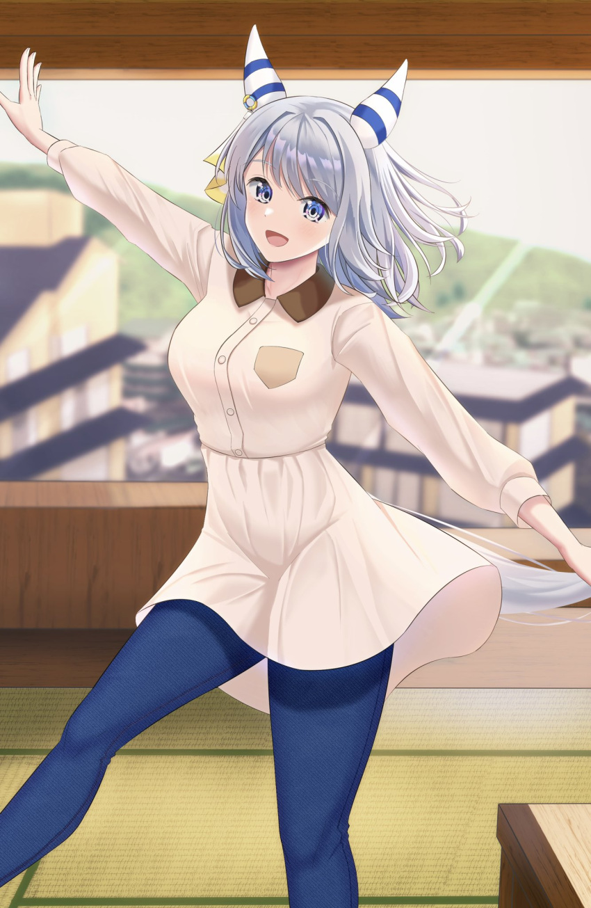1girl alternate_costume animal_ears blue_eyes blue_pants blurry blurry_background breast_pocket breasts cityscape collared_shirt ear_covers grey_hair highres hishi_miracle_(umamusume) horse_ears horse_girl horse_tail large_breasts mountain pants pocket ribbon shia0016 shirt skirt smile solo tail tatami tight_clothes tight_pants umamusume white_shirt white_skirt window yellow_ribbon