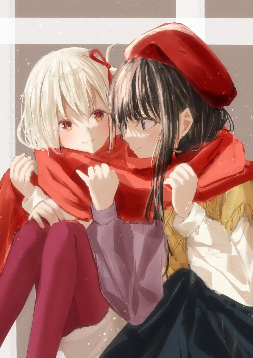 2girls absurdres black_hair blonde_hair hair_ribbon highres inoue_takina long_hair looking_at_another lycoris_recoil multiple_girls nishikigi_chisato obake_(amimonoobake) pantyhose red_eyes red_headwear red_pantyhose red_ribbon ribbon scarf shared_clothes shared_scarf shirt short_hair side_ahoge smile sweater violet_eyes white_shirt yellow_sweater yuri