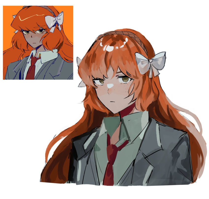 1girl black_coat black_vest bow brown_hairband closed_mouth coat collared_shirt freckles hair_bow hairband highres ishmael_(limbus_company) limbus_company long_hair looking_at_viewer msx_(mis4xi) necktie orange_hair project_moon red_necktie reference_inset shd_eod shirt simple_background upper_body very_long_hair vest white_background white_bow white_shirt