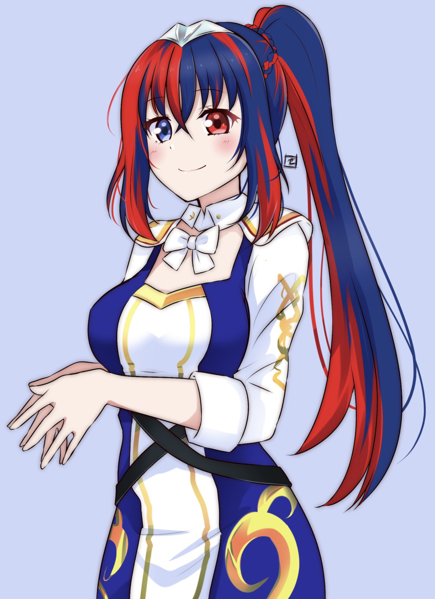 alear_(female)_(divine_attire)_(fire_emblem) alear_(female)_(fire_emblem) alear_(fire_emblem) blue_eyes blue_hair closed_mouth dress fire_emblem fire_emblem_engage heterochromia highres long_hair multicolored_hair official_alternate_costume official_alternate_hairstyle ponytail red_eyes redhead ribbon simple_background smile split-color_hair tiara two-tone_hair white_ribbon zero-theme