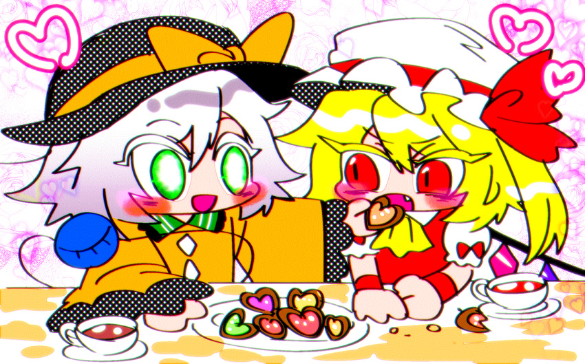 2girls ascot black_headwear blonde_hair blush_stickers bow buttons collared_shirt colored_eyelashes commentary_request cookie diamond_button fang feeding flandre_scarlet food green_eyes hair_between_eyes hat hat_ribbon heart heart-shaped_cookie komeiji_koishi long_sleeves medium_hair mob_cap multiple_girls no_nose open_mouth puffy_short_sleeves puffy_sleeves purio_(zuga-n) red_bow red_eyes red_ribbon red_vest red_wrist_cuffs ribbon shirt short_hair short_sleeves side_ponytail sleeve_bow third_eye touhou vest white_hair white_headwear white_shirt wide_sleeves wrist_cuffs yellow_ascot yellow_ribbon yellow_shirt