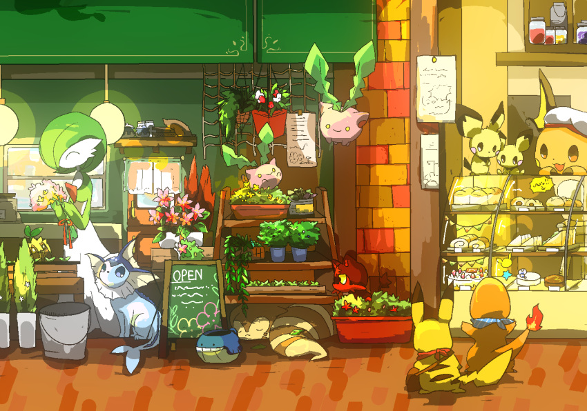 ^_^ bakery bouquet bread bucket cake chalkboard_sign charmander closed_eyes flower flying food from_behind furret gardevoir hoppip jam kura_(shironagasu02) litten looking_at_another lying market no_humans outdoors paper pastry pichu pikachu plant pokemon potted_plant raichu red_flower sandwiched shop sign simple_flower sitting sleeping smile standing sunflora vaporeon wailord