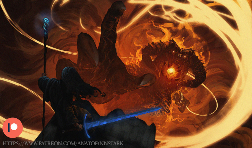 2boys anato_finnstark artist_name balrog_(lord_of_the_rings) battle beard demon embers facial_hair fantasy fingernails fire flaming_weapon gandalf glowing glowing_sword glowing_weapon grey_hair holding holding_staff holding_sword holding_weapon holding_whip horns long_beard long_hair mage_staff medieval multiple_boys old old_man patreon_logo patreon_username reaching reaching_towards_viewer robe sharp_fingernails staff standing sword the_lord_of_the_rings tolkien's_legendarium weapon web_address whip wizard yellow_eyes