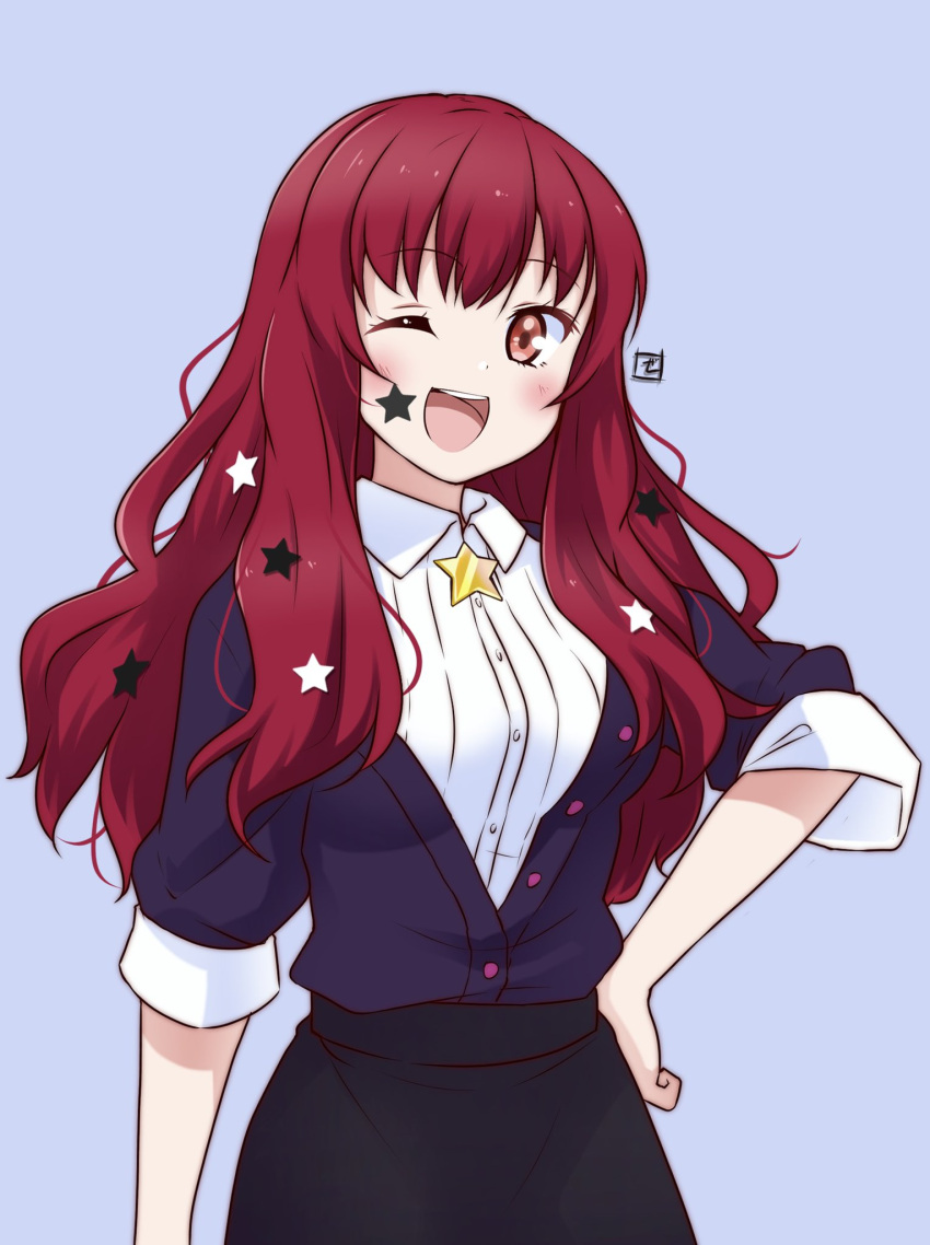1girl :d blush buttons facial_mark fire_emblem fire_emblem_engage hair_ornament highres long_hair looking_at_viewer official_alternate_costume one_eye_closed red_eyes redhead shirt simple_background skirt smile solo star_(symbol) star_hair_ornament teeth upper_teeth_only yunaka_(fire_emblem) zero-theme
