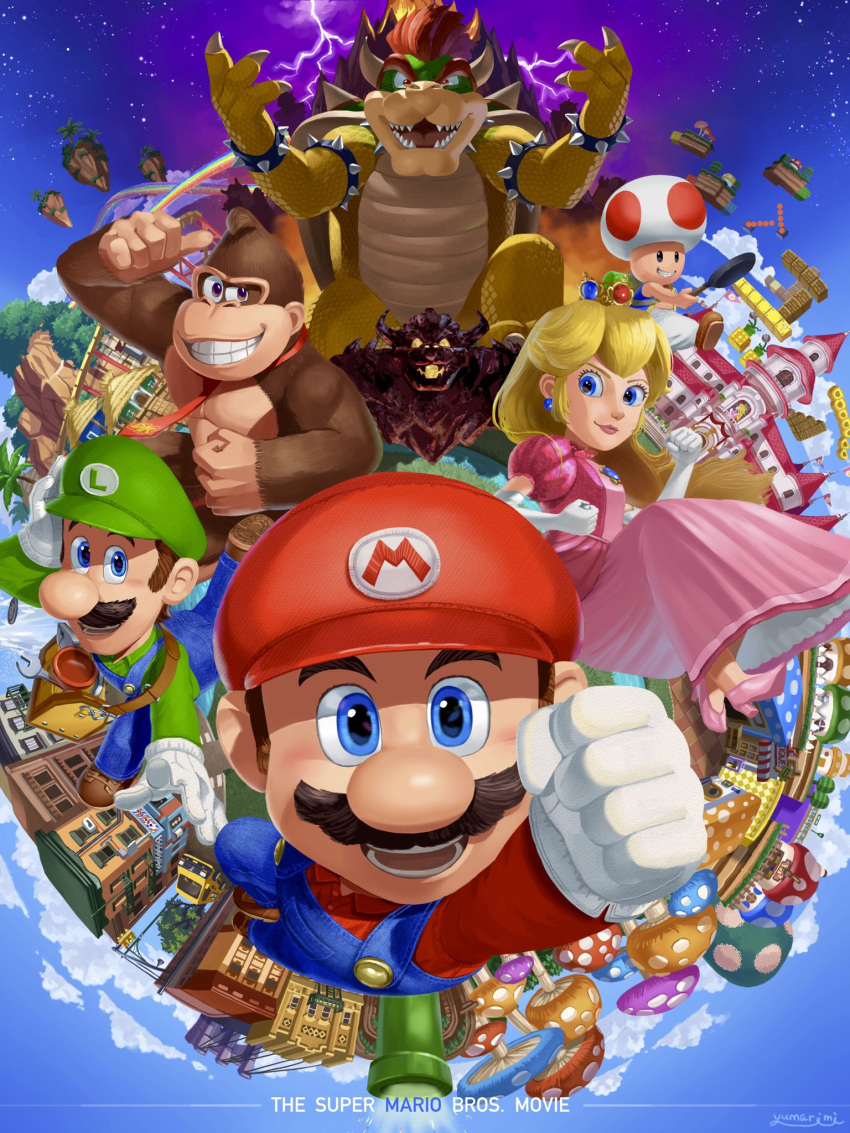 1girl 5boys armlet blonde_hair blue_eyes blue_overalls bowser bracelet castle cityscape collared_shirt copyright crown donkey_kong dress earrings elbow_gloves facial_hair furry gloves green_headwear green_shirt hat high_heels highres holding holding_pan horns jewelry long_hair looking_at_viewer luigi mario multiple_boys multiple_views mustache necktie open_mouth overalls pink_dress princess_peach princess_peach's_castle puffy_short_sleeves puffy_sleeves rainbow red_headwear red_necktie red_shirt sharp_teeth shirt shoes short_sleeves sphere_earrings spiked_armlet spiked_bracelet spiked_shell spikes super_mario_bros. teeth the_super_mario_bros._movie toad_(mario) warp_pipe white_gloves yuuma_rimi
