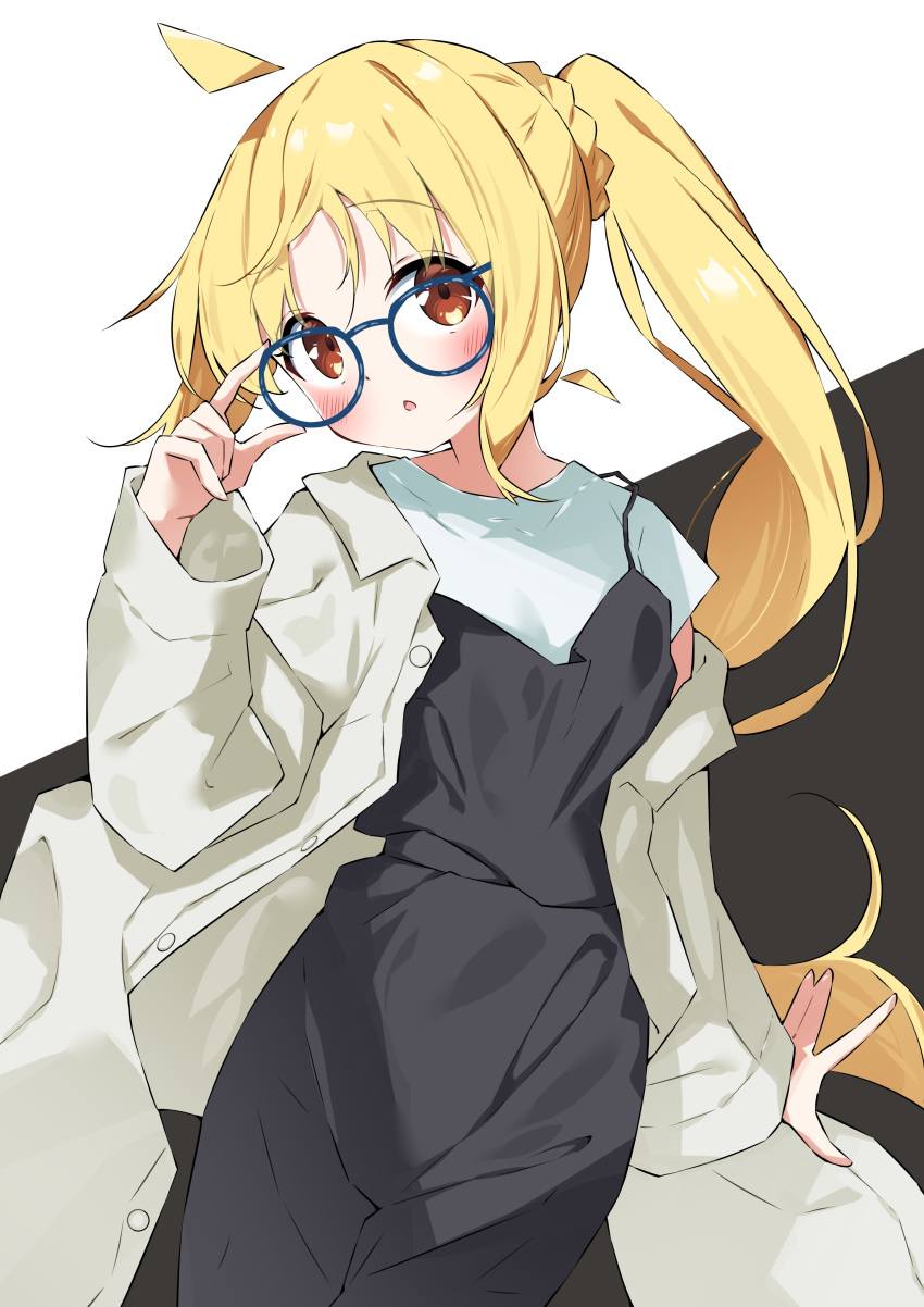 1girl :o absurdres ahoge black_background black_dress blonde_hair blue-framed_eyewear blush bocchi_the_rock! braid brown_eyes commentary_request dress glasses highres ijichi_nijika jacket long_sleeves looking_at_viewer open_clothes open_jacket parted_lips shirt sidelocks sleeveless sleeveless_dress solo suta0822 two-tone_background white_background white_jacket white_shirt wide_sleeves
