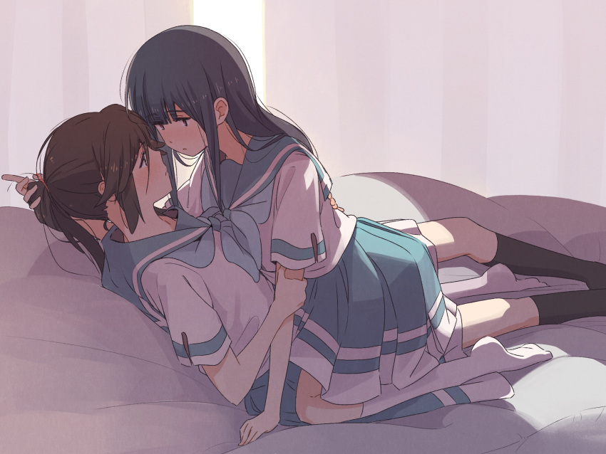 2girls bed_sheet black_socks blue_eyes blue_hair blue_sailor_collar blue_skirt blush brown_eyes brown_hair girl_on_top hibike!_euphonium highres holding_another's_arm kasaki_nozomi kitauji_high_school_uniform kneehighs light_rays liz_to_aoi_tori long_hair looking_at_another multiple_girls ponytail sailor_collar sawara65 school_uniform shirt skirt socks white_curtains white_shirt white_socks yoroizuka_mizore yuri