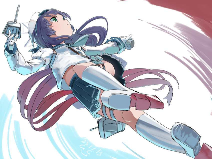 1girl adapted_turret blue_neckerchief blue_sailor_collar blue_skirt cannon from_below gegeron gloves gradient_hair green_eyes hat highres kantai_collection long_hair looking_to_the_side machinery matsuwa_(kancolle) multicolored_hair neckerchief one-hour_drawing_challenge pink_hair pleated_skirt purple_hair sailor_collar sailor_hat school_uniform serafuku skirt socks solo turret white_gloves white_headwear white_socks