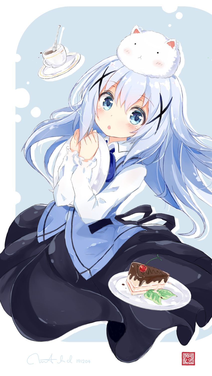 1girl absurdres black_skirt blue_background blue_bow blue_bowtie blue_eyes blue_hair blue_vest blush border bow bowtie cake cherry chestnut_mouth chocolate_cake coaster coffee commentary cup dated dotted_background food frilled_sleeves frills fruit gochuumon_wa_usagi_desu_ka? hair_between_eyes hair_ornament highres i-tsd kafuu_chino leaf light_blue_hair long_hair long_skirt looking_to_the_side open_mouth own_hands_together plate pocket shirt shortcake signature sitting skirt stamp_mark teaspoon tippy_(gochiusa) vest wariza white_border white_shirt x_hair_ornament