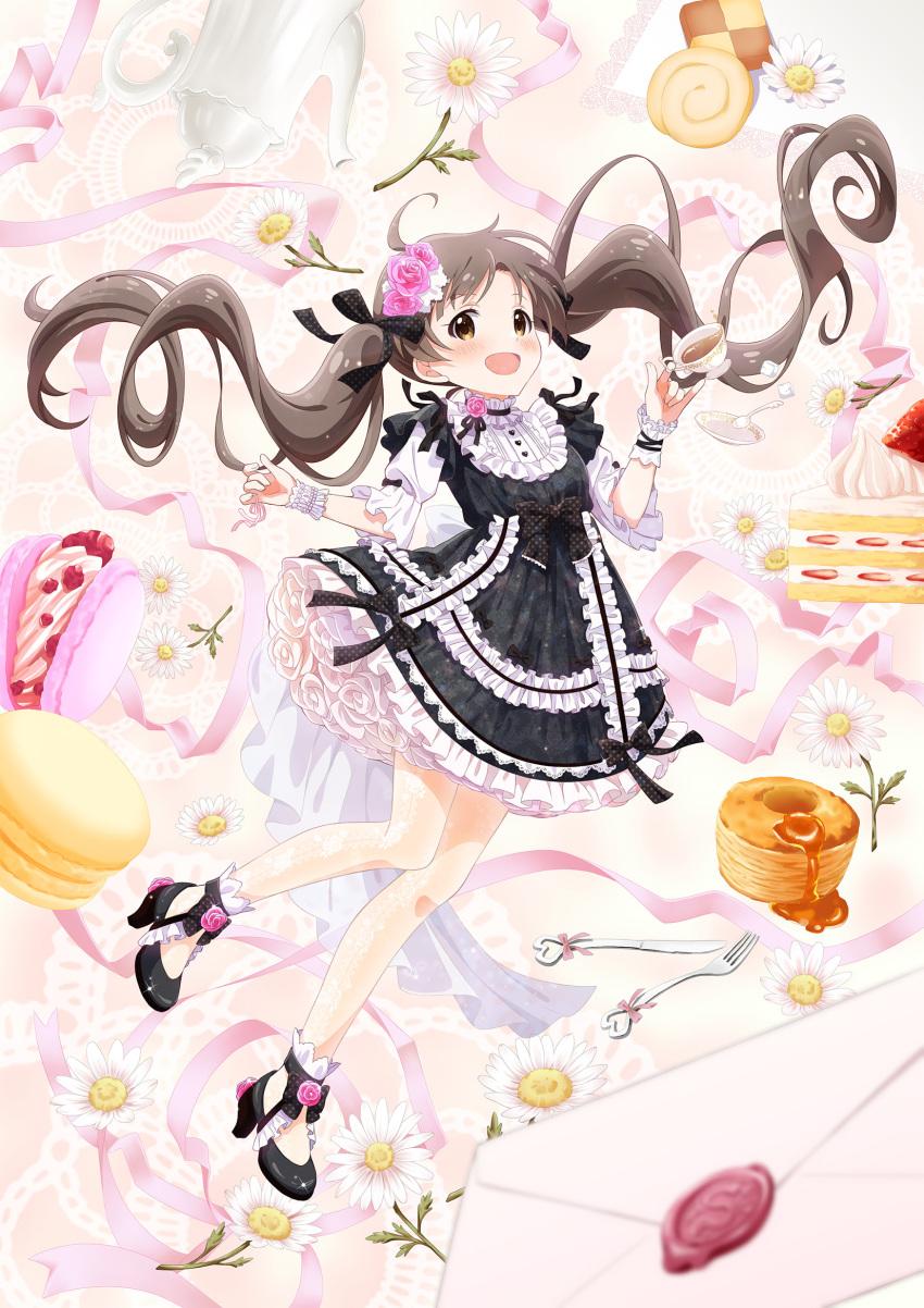 1girl ahoge black_dress black_footwear black_ribbon blurry blurry_foreground blush bow breasts brown_eyes brown_hair cake cookie cup dot_nose dress floating_hair flower food fork frilled_dress frills full_body goma_konbu hair_bow hair_flower hair_ornament hair_ribbon hakozaki_serika hands_up high_heels highres holding holding_cup idolmaster idolmaster_million_live! idolmaster_million_live!_theater_days knife leg_up letter long_hair looking_at_viewer macaron open_mouth pancake pink_background pink_flower pink_ribbon polka_dot polka_dot_ribbon ribbon scrunchie see-through short_sleeves small_breasts smile solo spoon standing standing_on_one_leg strawberry_cake sugar_cube teapot tray twintails very_long_hair white_flower white_scrunchie wrist_scrunchie