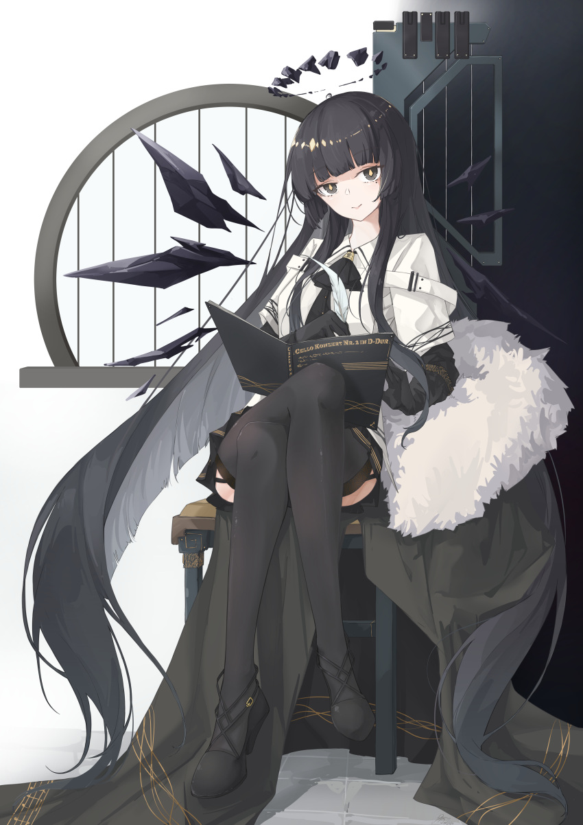 1girl absurdres antenna_hair arknights arm_rest ascot belt belt_buckle black_ascot black_bustier black_cloak black_eyes black_footwear black_garter_straps black_gloves black_hair black_halo black_skirt black_thighhighs black_wings blunt_bangs book breasts brick brick_floor broken_halo buckle bustier buttons chair chinese_commentary cloak closed_mouth collared_jacket colored_inner_hair commentary_request crossed_legs dark_halo detached_wings door energy_wings floor full_body fur-trimmed_cloak fur_trim garter_straps gloves grey_hair halo hands_up high_heels highres hime_cut holding holding_book holding_quill indoors jacket layered_sleeves legs light_smile lips long_hair long_sleeves looking_at_viewer medium_breasts miniskirt mole mole_under_eye multicolored_hair on_chair open_book pale_skin pengsakura pleated_skirt quill shade shadow short_over_long_sleeves short_sleeved_jacket short_sleeves sidelocks simple_background sitting skirt solo strappy_heels thigh-highs thighs two-tone_hair unworn_cloak very_long_hair virtuosa_(arknights) white_background white_belt white_jacket wide_sleeves window wing_collar wings yellow_pupils zettai_ryouiki