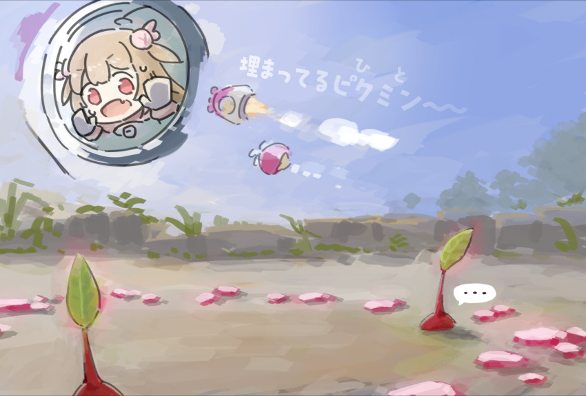 ... 1girl blonde_hair blue_sky commentary_request crossover fang grass hair_ornament highres leaf natori_sana open_mouth outdoors pikmin_(creature) pikmin_(series) rabbit_hair_ornament red_eyes red_pikmin rokun_ne sana_channel skin_fang sky speech_bubble spoken_ellipsis translation_request two_side_up virtual_youtuber