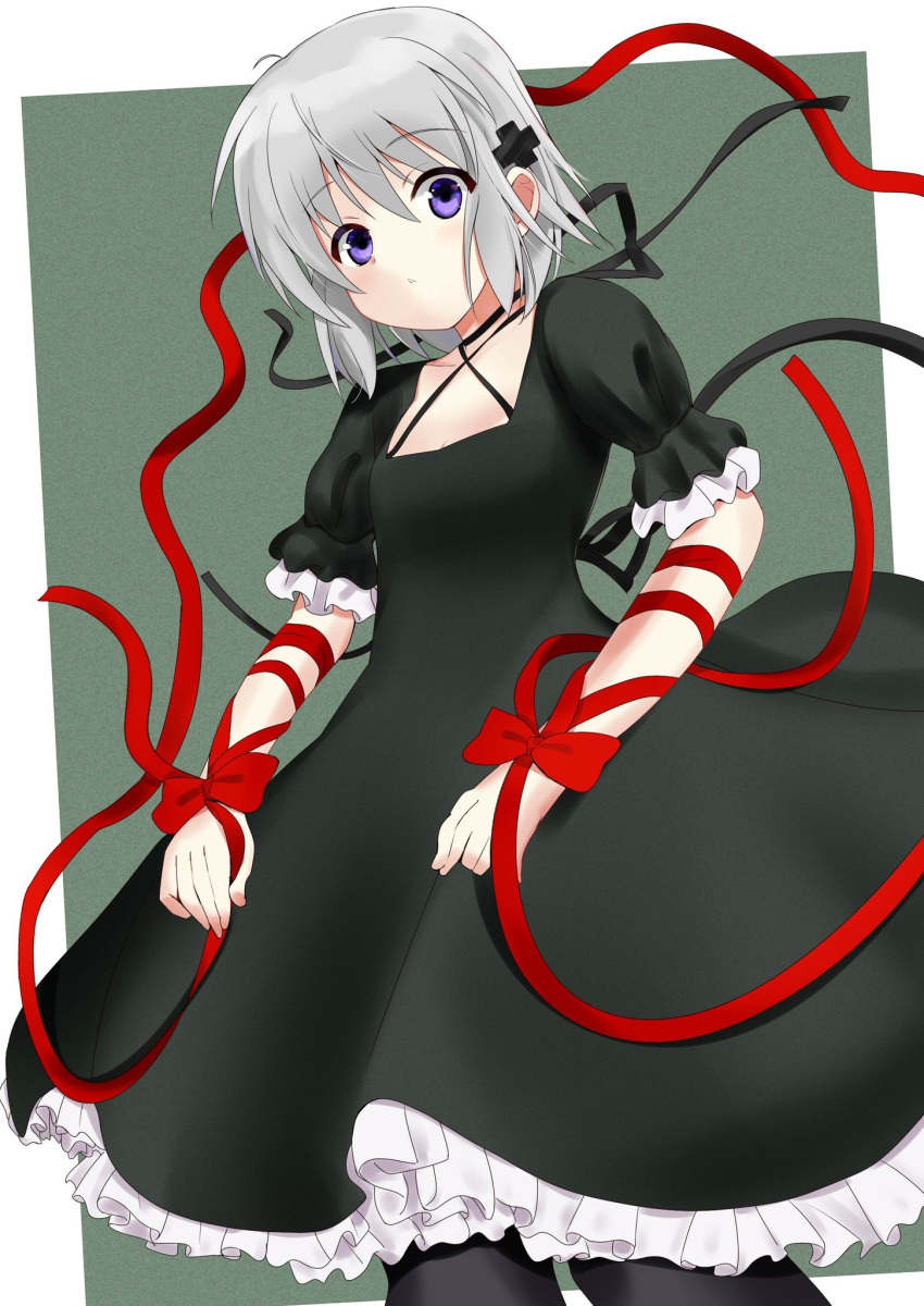 1girl ahoge arm_ribbon arms_at_sides black_choker black_dress border bow breasts choker commentary cowboy_shot criss-cross_halter cross_hair_ornament dress expressionless eyes_visible_through_hair frilled_dress frilled_sleeves frills green_background grey_hair hair_between_eyes hair_ornament halterneck highres kagari_(rewrite) long_ribbon looking_at_viewer parted_lips puffy_short_sleeves puffy_sleeves red_bow red_ribbon rewrite ribbon short_hair short_sleeves simple_background small_breasts solo standing tareme violet_eyes white_border wrist_bow zenoo