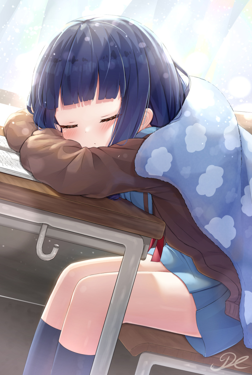 1girl black_thighhighs blanket blue_hair blue_skirt blunt_bangs blush book bow bowtie brown_jacket chair child closed_eyes closed_mouth cloud_print commentary crossed_arms desk highres idolmaster idolmaster_cinderella_girls j2l jacket light_rays long_hair red_bow red_bowtie sajo_yukimi school_chair school_desk signature sitting skirt sleeping sleeping_on_desk solo thigh-highs uniform